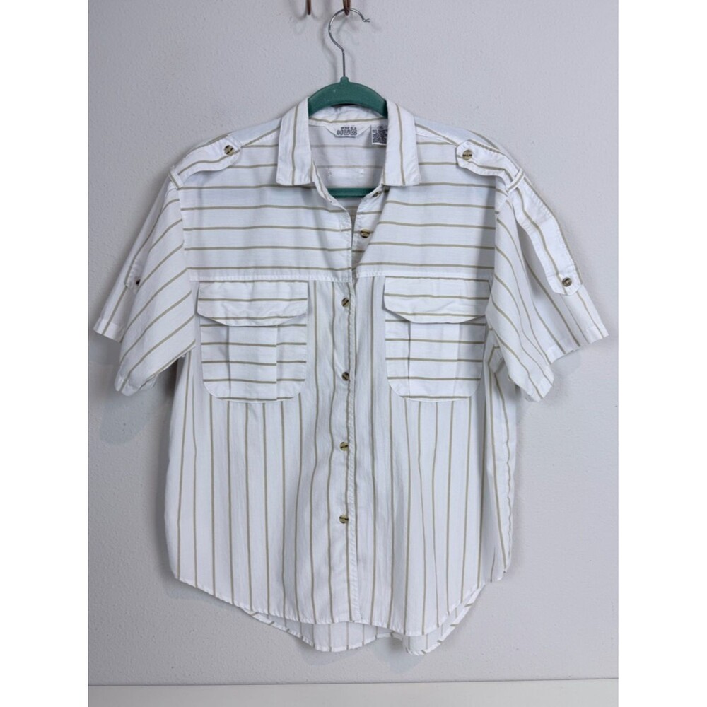 Vintage Here’s a Hug 80s Short Sleeve Button-Down Camp Shirt White Tan Striped M